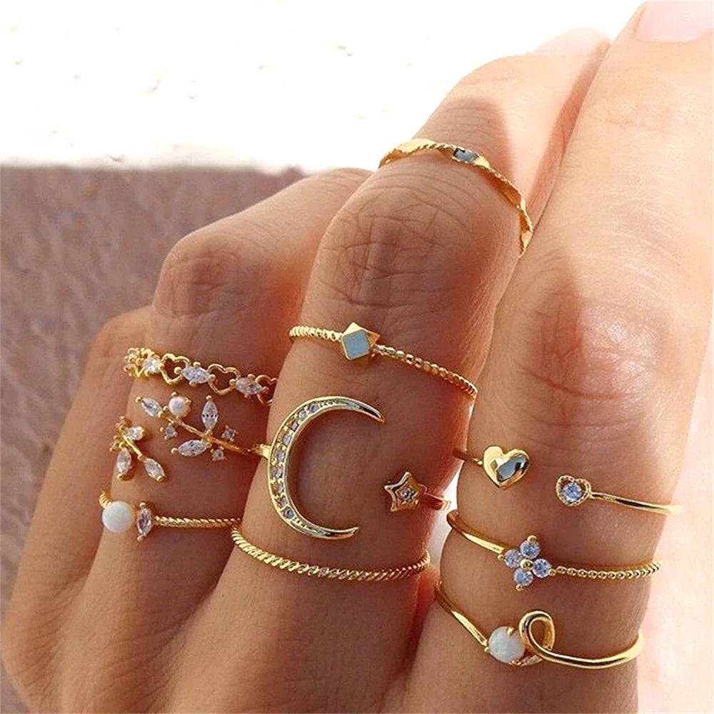 10Pcs Rings Suit For Women Silver-color Chain Ring Set Bohemian Style Coin Snake Moon Star Party Trend Gift Jewelry