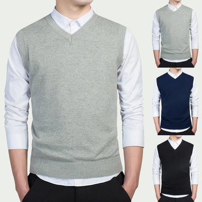 Men Autumn Winter Solid Color Sleeveless V Neck Knitted Sweater Business Vest