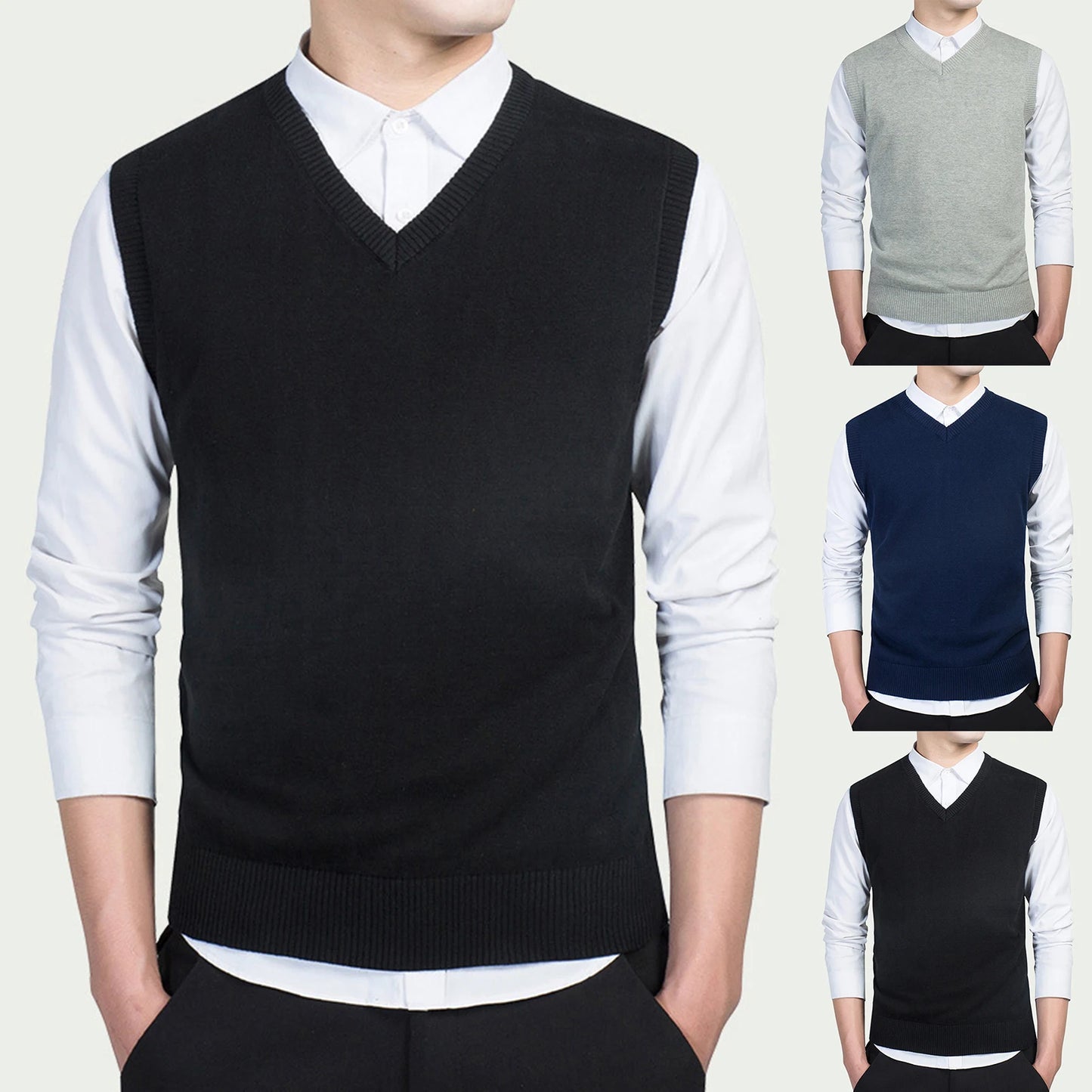 Men Autumn Winter Solid Color Sleeveless V Neck Knitted Sweater Business Vest