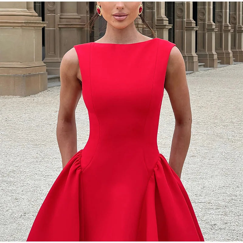 Women Red High Waist A-line Mini Dresses Elegant Zipper Backless Fashion O Neck Slim Fit Robes Sexy 2024 Autumn Club Party Gowns