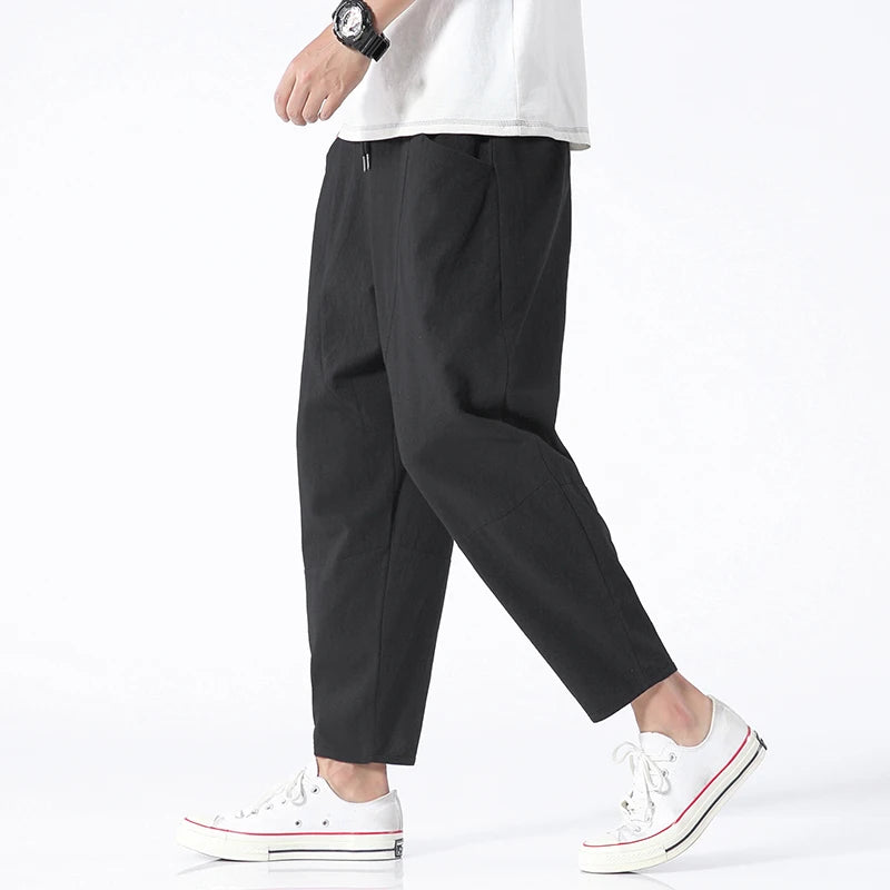 100% Cotton Summer Casual Pants for Men - Trendy Japanese Style Cropped Loose-Fit Pants, Available in Size 5XL