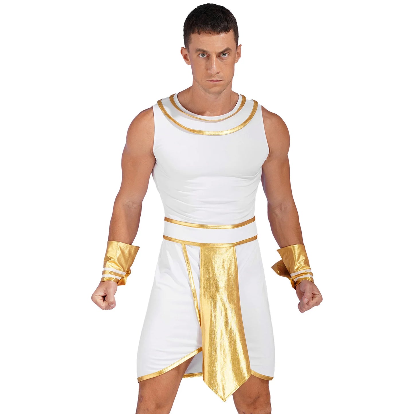 Ancient Mens Egypt Priest Role Play Costume Egyptian Pharaoh Cosplay Dresses Sleeveless Dress with Cuffs Halloween Dress Up