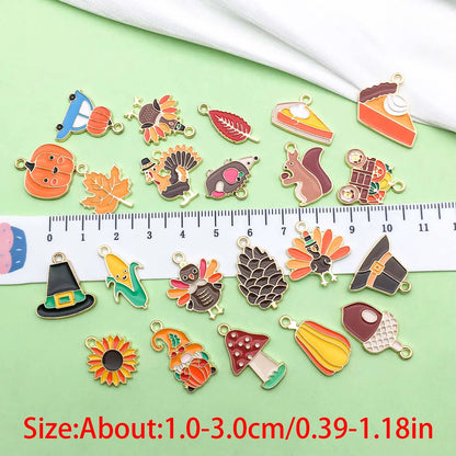 20/27pcs Enamel Thanksgiving Charms Alloy Turkey, Maple Leaf, Squirrel, Pumpkin Pendants for DIY Jewelry Making Accessories