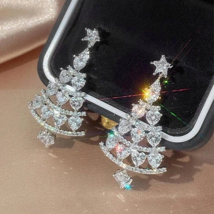 Fashion Christmas Tree Zircon Crystal Star Silver Color Earrings Stud Dangle Xmas Jewelry Women Party Gift