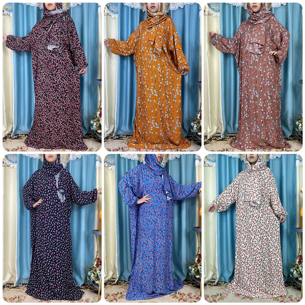 New African Muslim Women Hooded Abaya Turkey Cotton Prayer Garment Kaftan With Hijab Floral Prints Dubai Saudi Robe In Ramadan