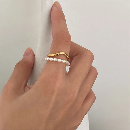 Exquisite Multilayer Alloy Freshwater Pearls Round Open Ring