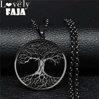 Tree of Life Stainless Steel Long Necklace for Men Black Color Necklaces & Pendants Jewelry