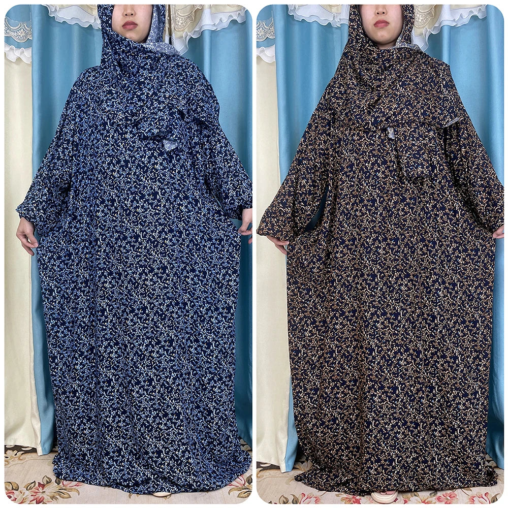 New African Muslim Women Hooded Abaya Turkey Cotton Prayer Garment Kaftan With Hijab Floral Prints Dubai Saudi Robe In Ramadan