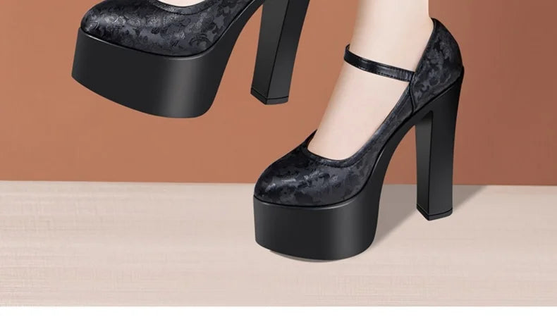 15cm Small Size 32-43 Sexy Embroider Chunky Platform Shoes Women Pumps Fall Block High Heels Shoes for Model Party Show