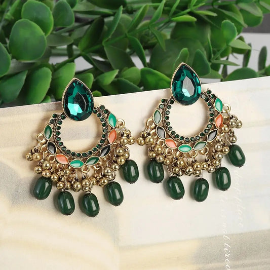 Vintage Crystal Water Drop Round Dangle Earrings  - Luxury Green Bead Tassel Bohemian Jewelry