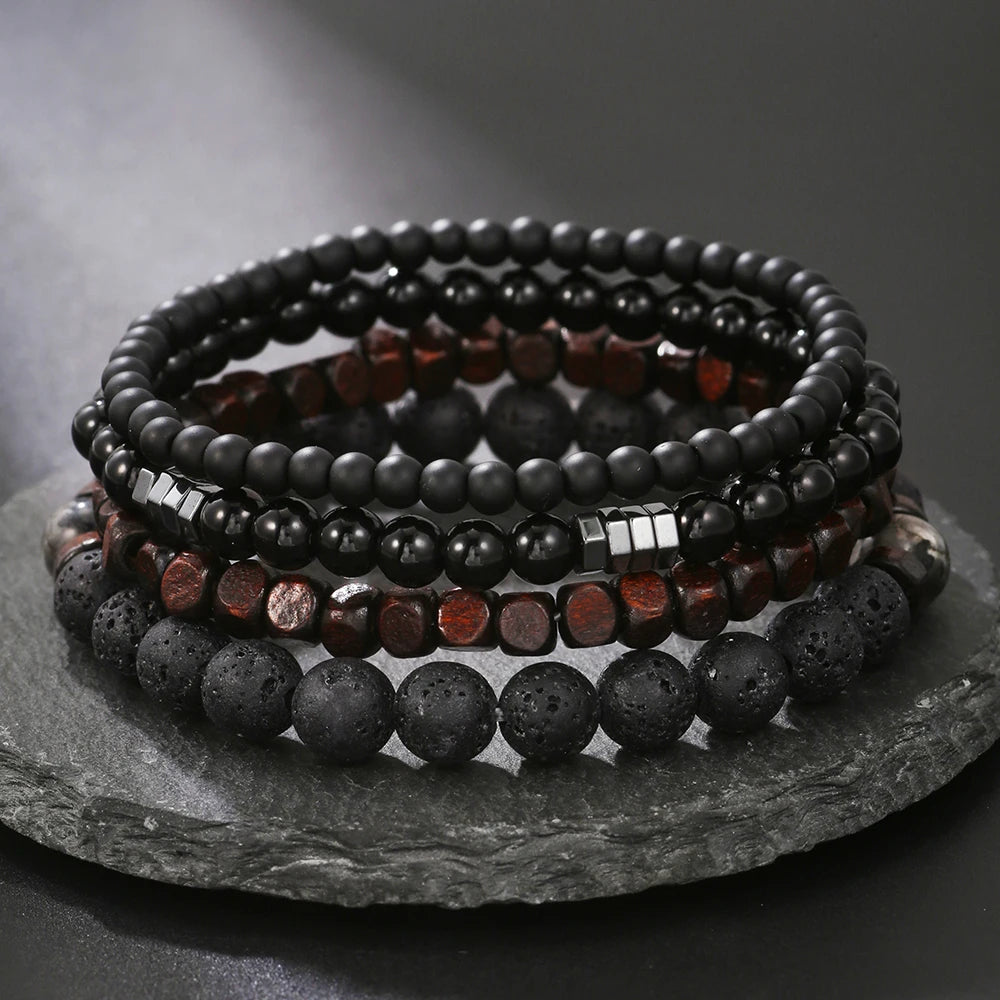 4Pcs/Set Black Gall Stone Volcanic Stone Wood Beads Multi-layer Men's Combination Elastic Bracelet For Couple Friends Jewelry