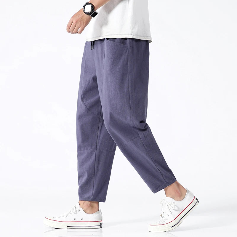 100% Cotton Summer Casual Pants for Men - Trendy Japanese Style Cropped Loose-Fit Pants, Available in Size 5XL