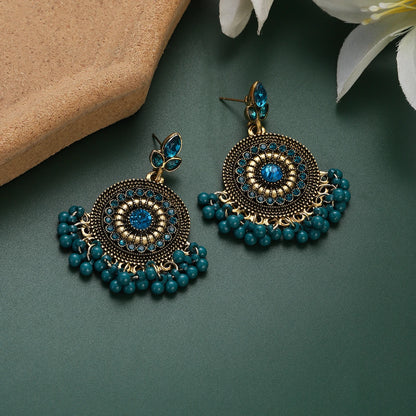 Vintage Crystal Flower Round Pendant Earrings - Ethnic Gold Indian Jhumka with Beads and Tassel