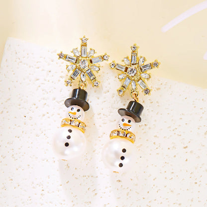 Fashion Christmas White Snowman Pearl Drop Earrings for Women Cute Rhinestone Snowflake Earring Jewelry New Year Holiday Gifts