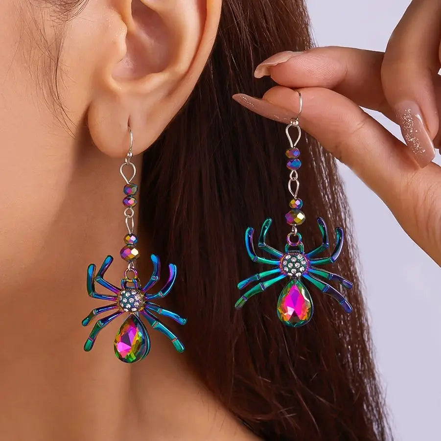 Colorful Spider Design Shiny Artificial Crystal Inlaid Dangle Earrings for Women Punk Metal Spider Earrings Halloween Jewelry