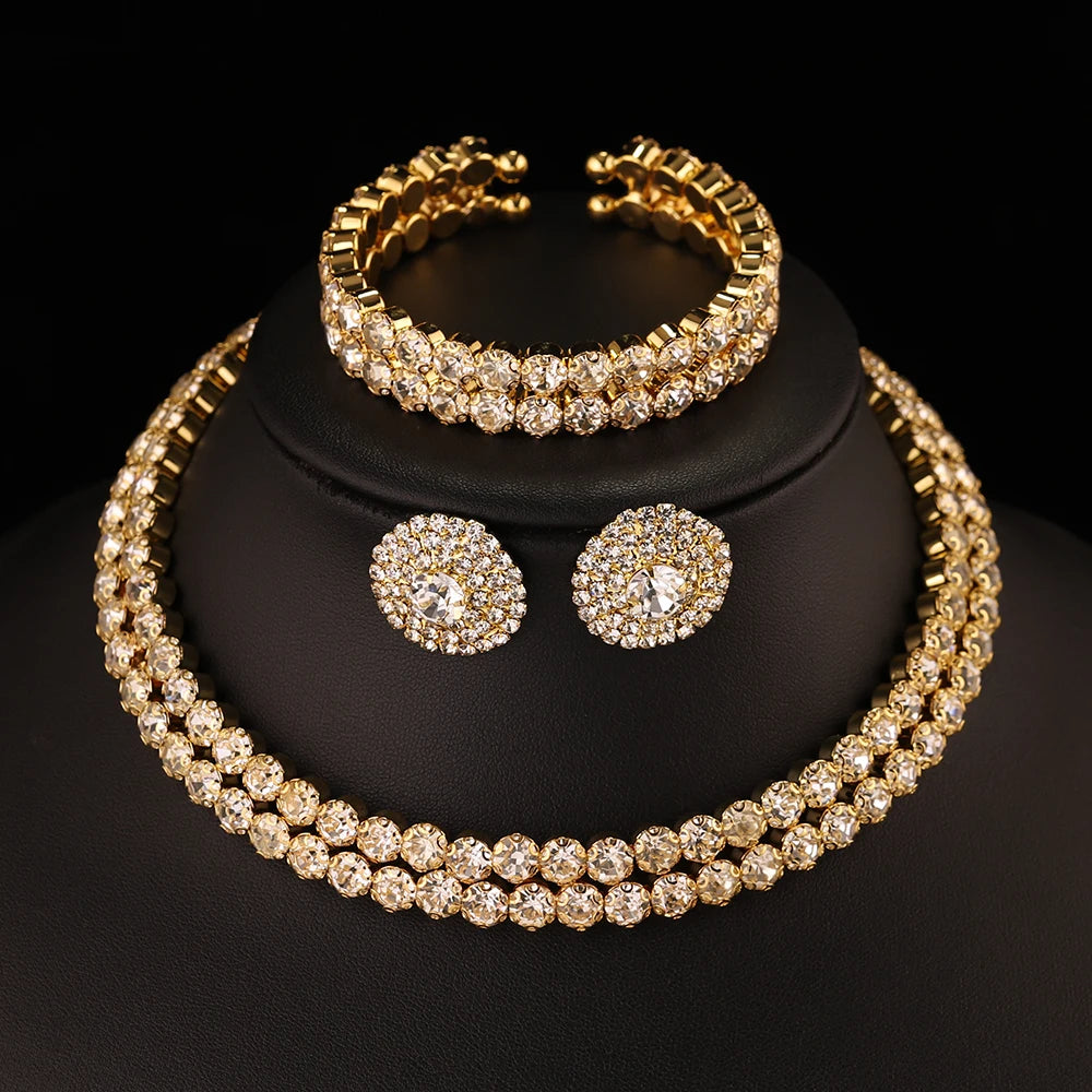 Gold Crystal Rhinestone African Bridal Jewelry Set - Choker Necklace, Earrings, and Bracelet