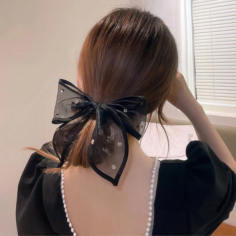 New Mesh Bow Hairpin - Simple Back Head Rhinestone Spring Clip