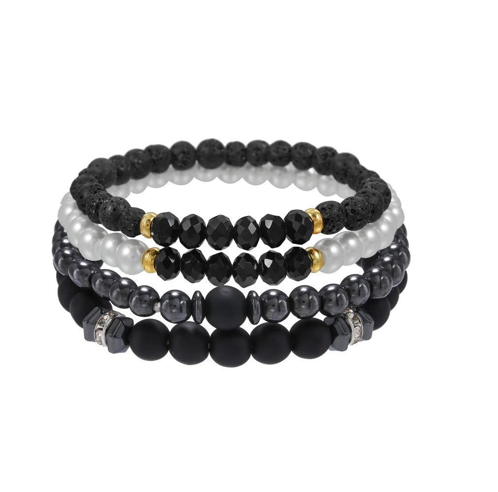 4Pcs/Set Black Gall Stone Volcanic Stone Wood Beads Multi-layer Men's Combination Elastic Bracelet For Couple Friends Jewelry