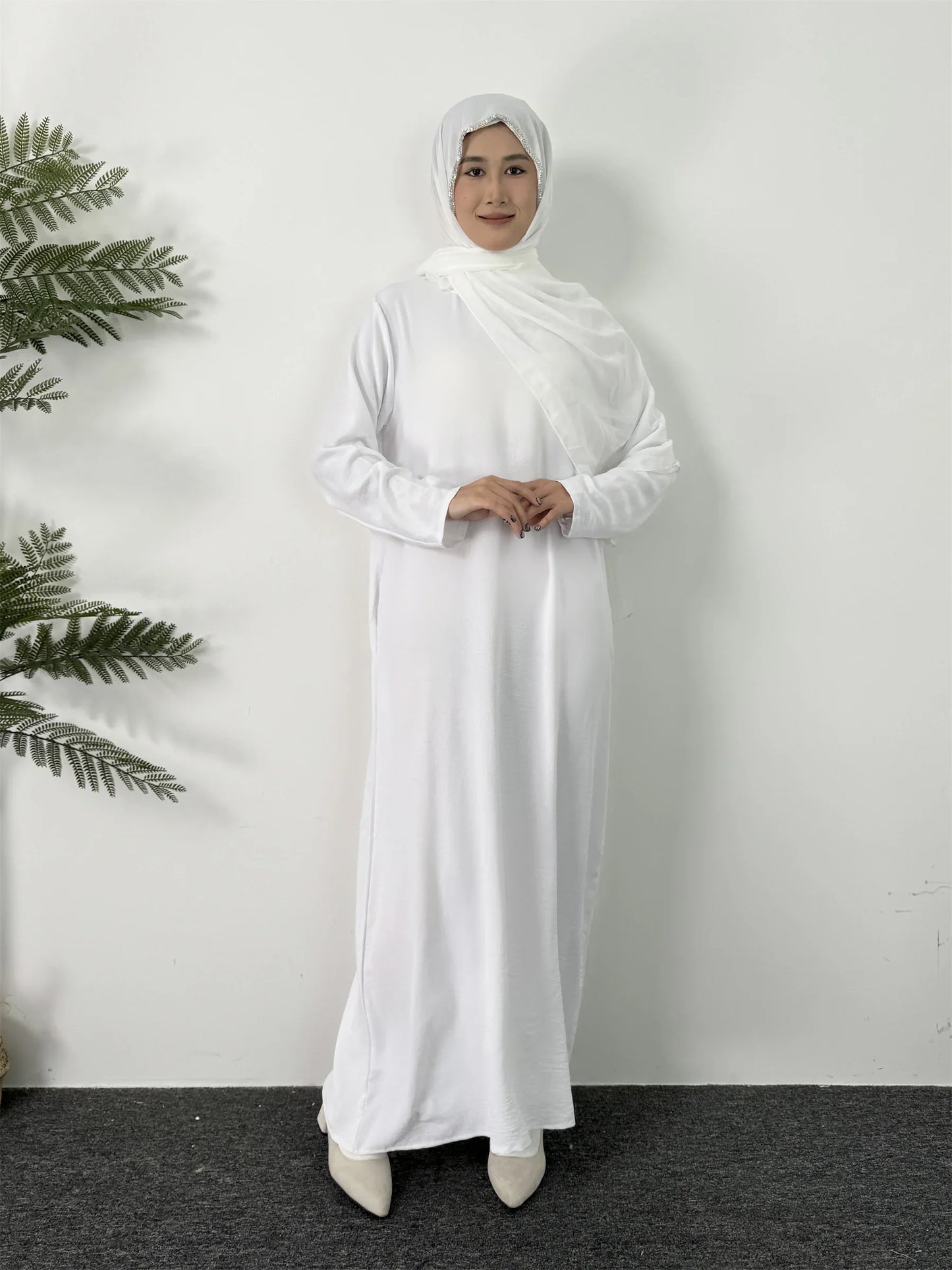 Women Long Dresses Ramadan Crew Neck Kaftan, Solid Elegant Long Sleeve Muslim Abaya Loose Maxi Dress, Women's Clothing