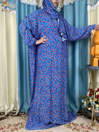 New African Muslim Women Hooded Abaya Turkey Cotton Prayer Garment Kaftan With Hijab Floral Prints Dubai Saudi Robe In Ramadan