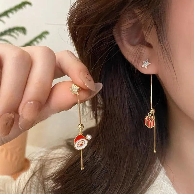 Xmas Santa Claus Drop Earrings Christmas Tree Snowflake Long Tassel Chain Earrings for Women Fashion Jewelry New Year Gift