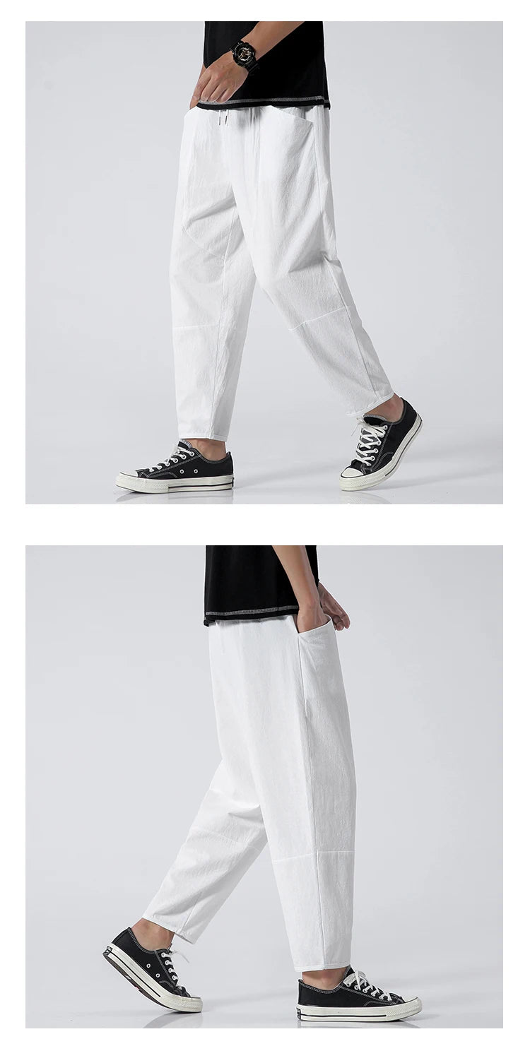 100% Cotton Summer Casual Pants for Men - Trendy Japanese Style Cropped Loose-Fit Pants, Available in Size 5XL