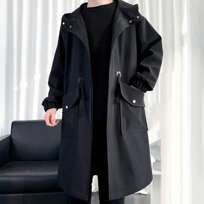 Zippered Long-sleeve Coat for Men Streetwear Men's Trench Coat with Hood Mid-length Big Pockets Windproof Anti-wrinkle Zipper