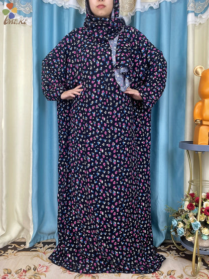 New African Muslim Women Hooded Abaya Turkey Cotton Prayer Garment Kaftan With Hijab Floral Prints Dubai Saudi Robe In Ramadan