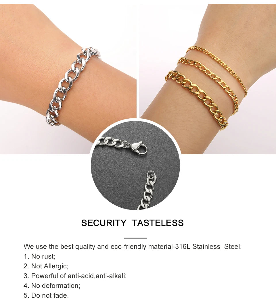 Fashion Cuban Chain Men Bracelet Stainless Steel 3/5/7/9mm Width Chain Bracelets Figaro Chain Boy Wrist Jewelry Couple