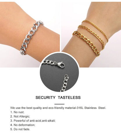 Fashion Cuban Chain Men Bracelet Stainless Steel 3/5/7/9mm Width Chain Bracelets Figaro Chain Boy Wrist Jewelry Couple