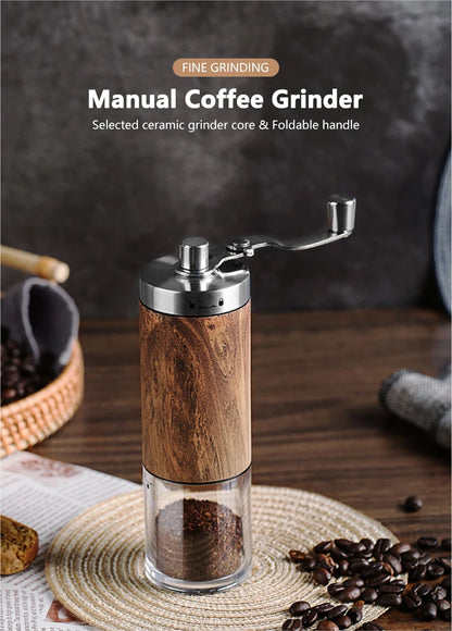 Portable Stainless Steel Manual Coffee Grinder Wood Grain Hand Coffee Bean Mill Espresso Coffee Maker with Ceramic Burrs