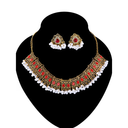 Luxury Vintage Indian Jewelry Set - Antique Gold Plated Crystal Zircon Necklace and Earrings