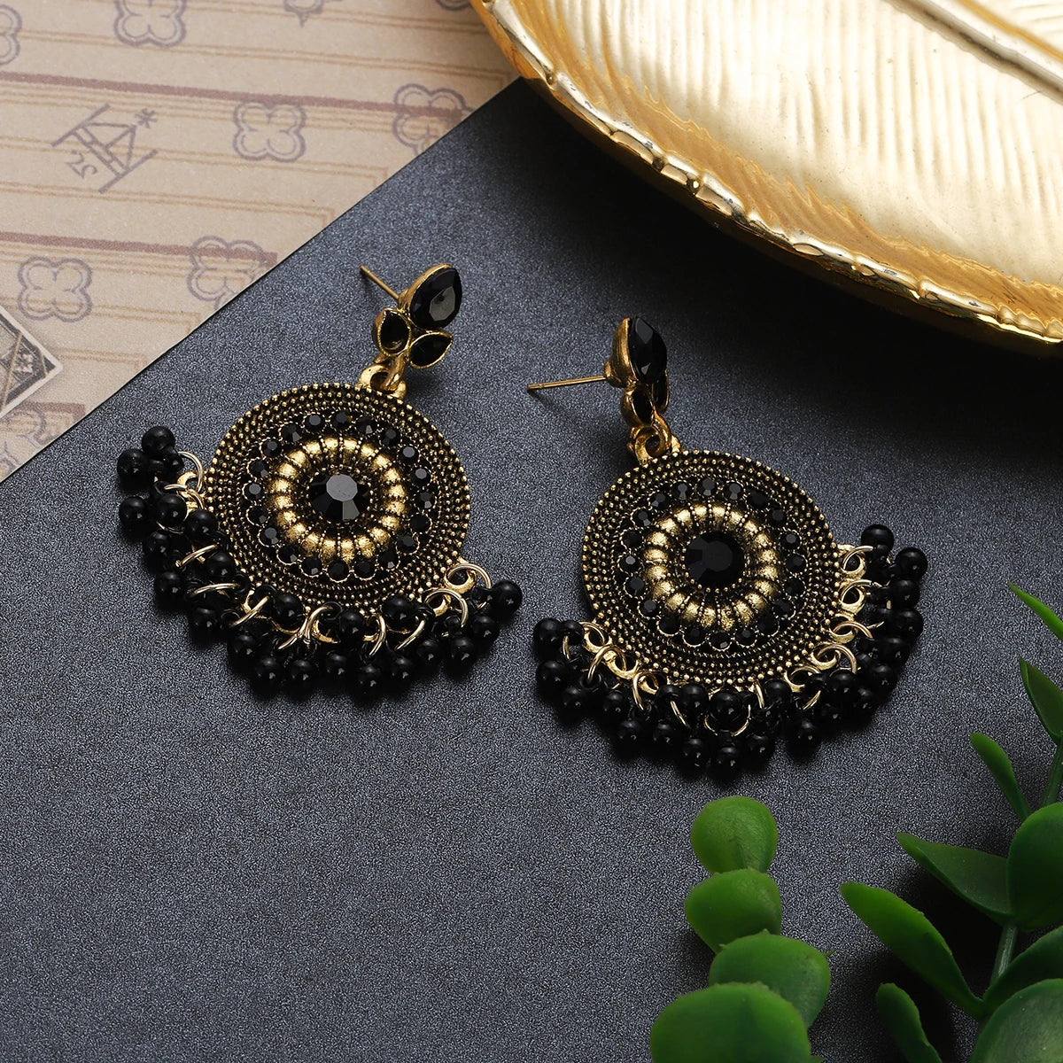 Vintage Crystal Flower Round Pendant Earrings - Ethnic Gold Indian Jhumka with Beads and Tassel