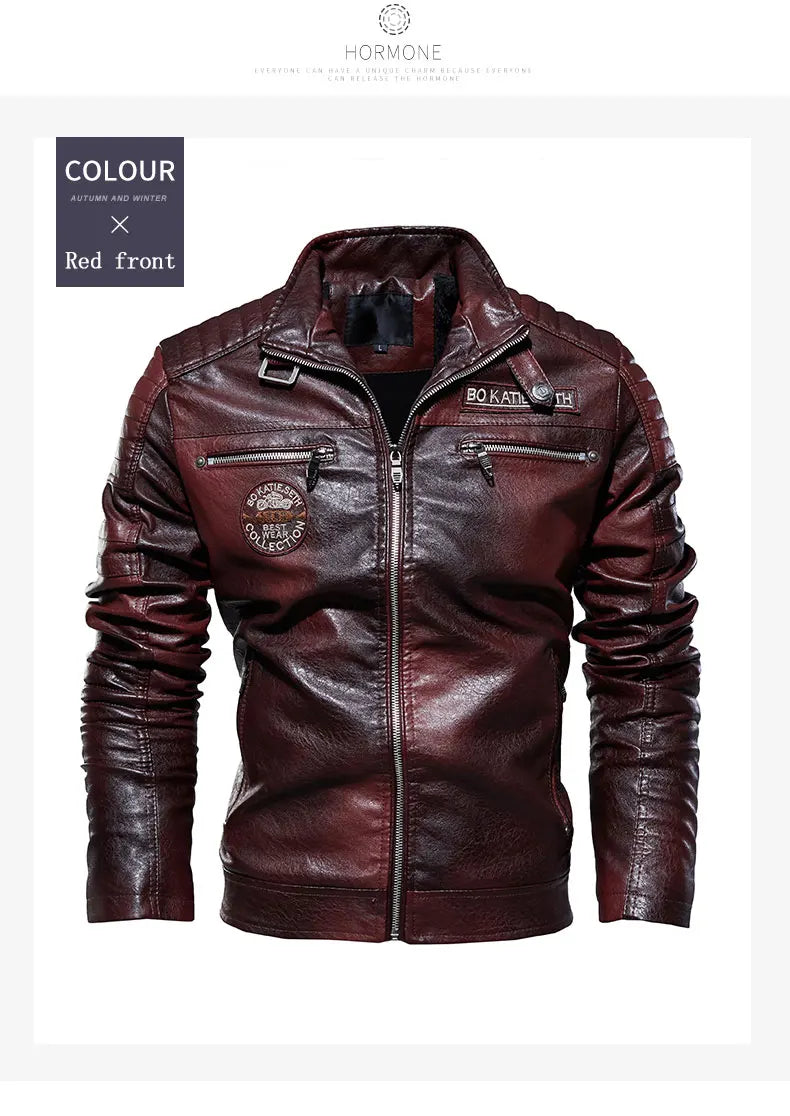 Leather Jacket Men Winter Fleece Motorcycle Faux Leather Jacket Removable Fur Collar Windbreaker, Slim Coat