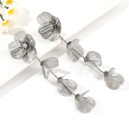 Fashion Rhinestone Flower Pendant Long Tassel Earrings - Trendy Exaggerated Hanging Earrings, Perfect Party Jewelry Accessories