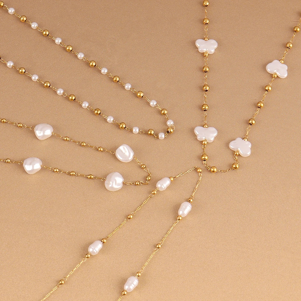 Stainless Steel Imitation Pearl Chain Necklace for Women - Fashion Gold Color Beads Jewelry