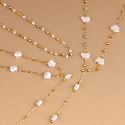 Stainless Steel Imitation Pearl Chain Necklace for Women - Fashion Gold Color Beads Jewelry