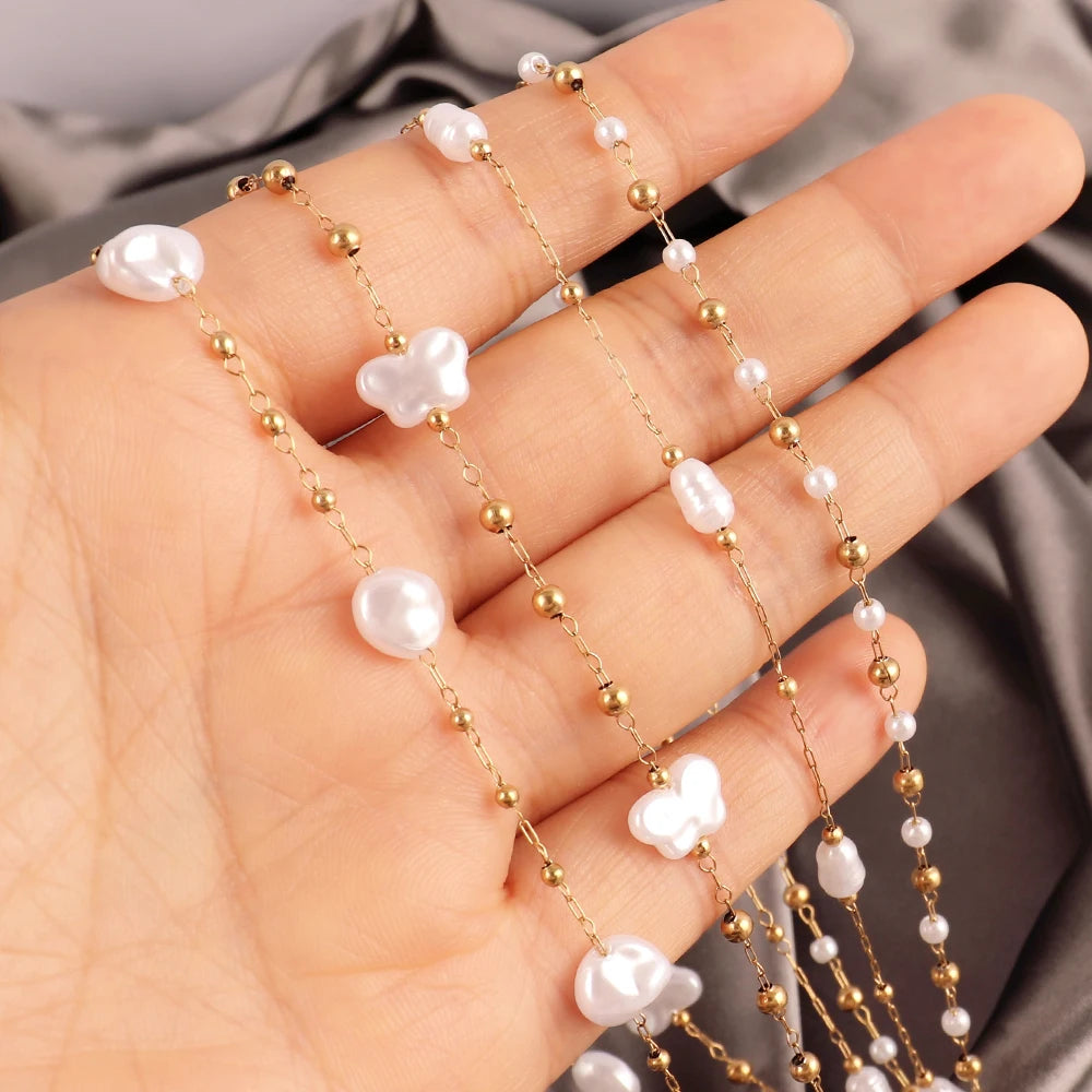 Stainless Steel Imitation Pearl Chain Necklace for Women - Fashion Gold Color Beads Jewelry