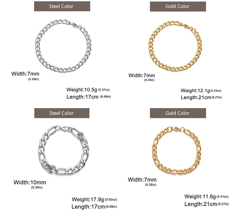 Fashion Cuban Chain Men Bracelet Stainless Steel 3/5/7/9mm Width Chain Bracelets Figaro Chain Boy Wrist Jewelry Couple