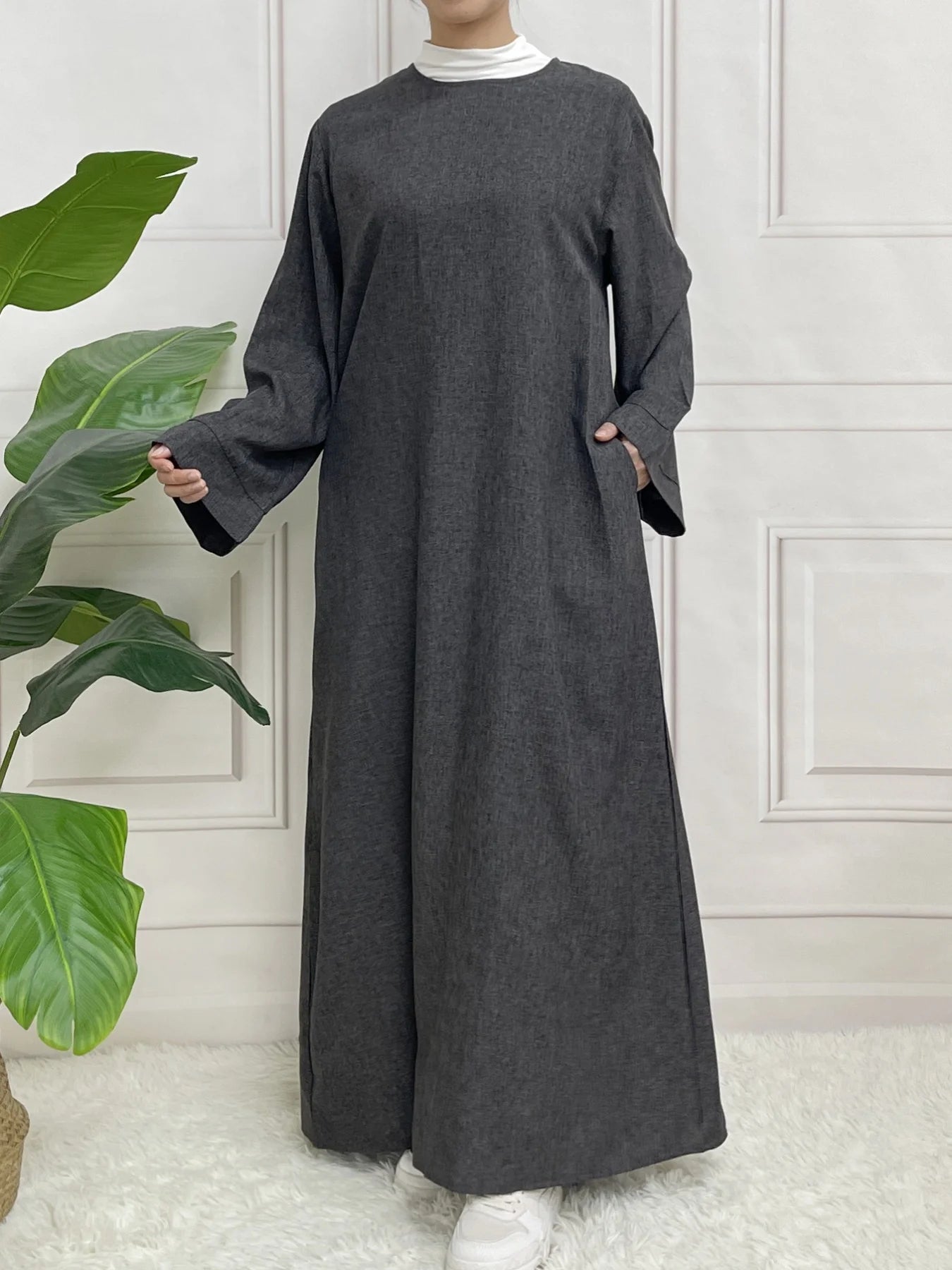 Modest Closed Plain Long Sleeve Abaya Without Hijab With Belt  Basic Islamic Eid Clothes Dress