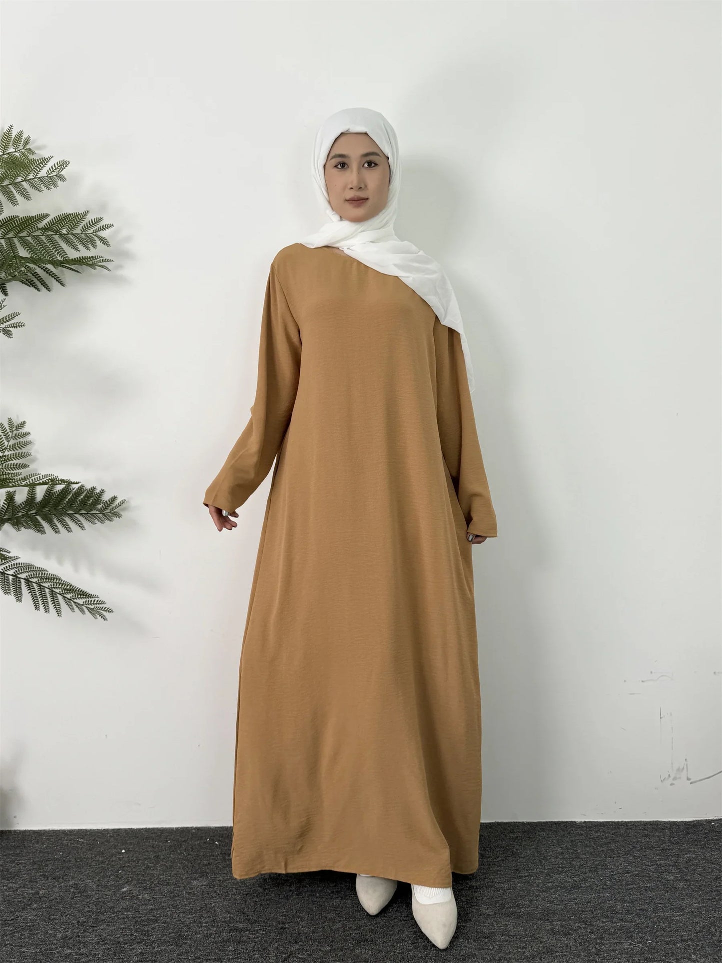 Women Long Dresses Ramadan Crew Neck Kaftan, Solid Elegant Long Sleeve Muslim Abaya Loose Maxi Dress, Women's Clothing