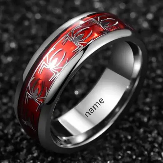 Customizable Name Text 8MM Wide Inlaid Red Opal Paper + Spider Motif Titanium Steel Men's Ring Wedding Band Stainless Steel Ring