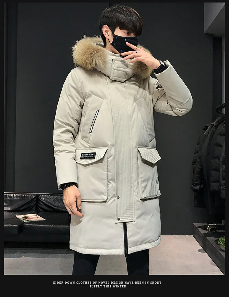 Winter Large Collar Men's Parka Down Jacket Men's Mid Length Thickened Warm White Duck down Men's And Women's Outerwear