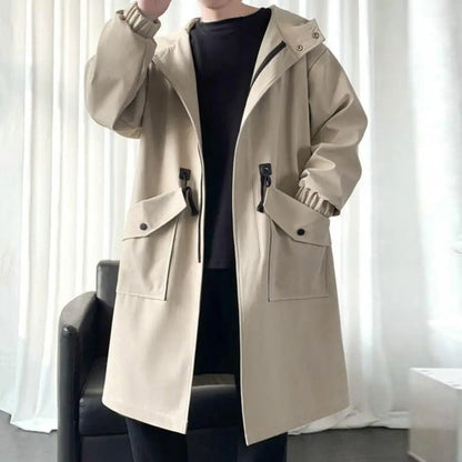 Zippered Long-sleeve Coat for Men Streetwear Men's Trench Coat with Hood Mid-length Big Pockets Windproof Anti-wrinkle Zipper