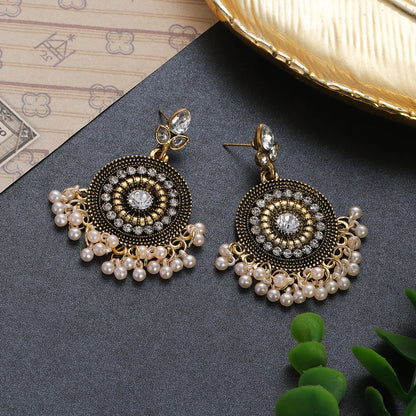 Vintage Crystal Flower Round Pendant Earrings - Ethnic Gold Indian Jhumka with Beads and Tassel