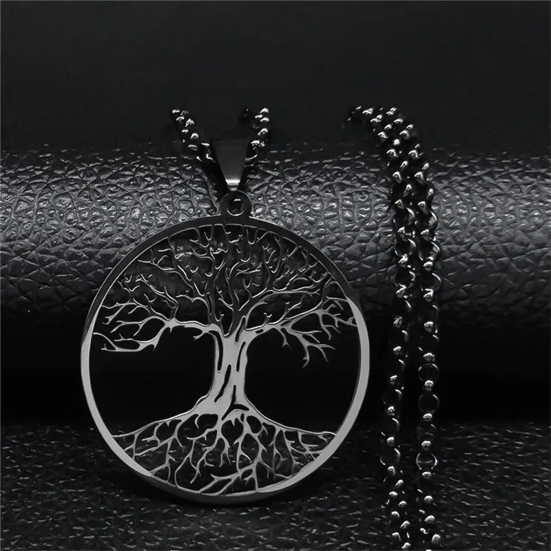 Tree of Life Stainless Steel Long Necklace for Men Black Color Necklaces & Pendants Jewelry