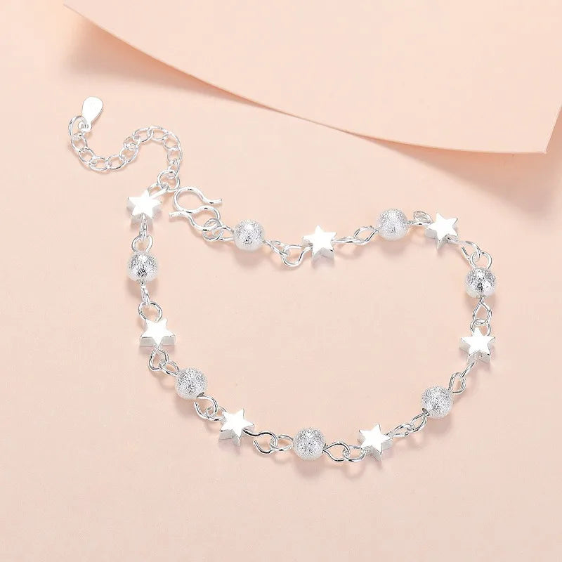 925 Sterling Silver Stars Bracelets For Women Fashion Korean Designer Frosted Bead Bracelet Beautiful Party Wedding Jewelry Gift