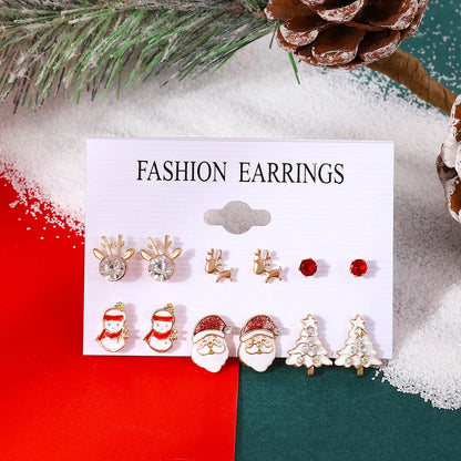 6 pairs/lot Christmas Earrings Xmas Tree Elk Snowman Santa Claus Cute Stud Earrings Set Kit Christmas Gifts For Women Girls Kids