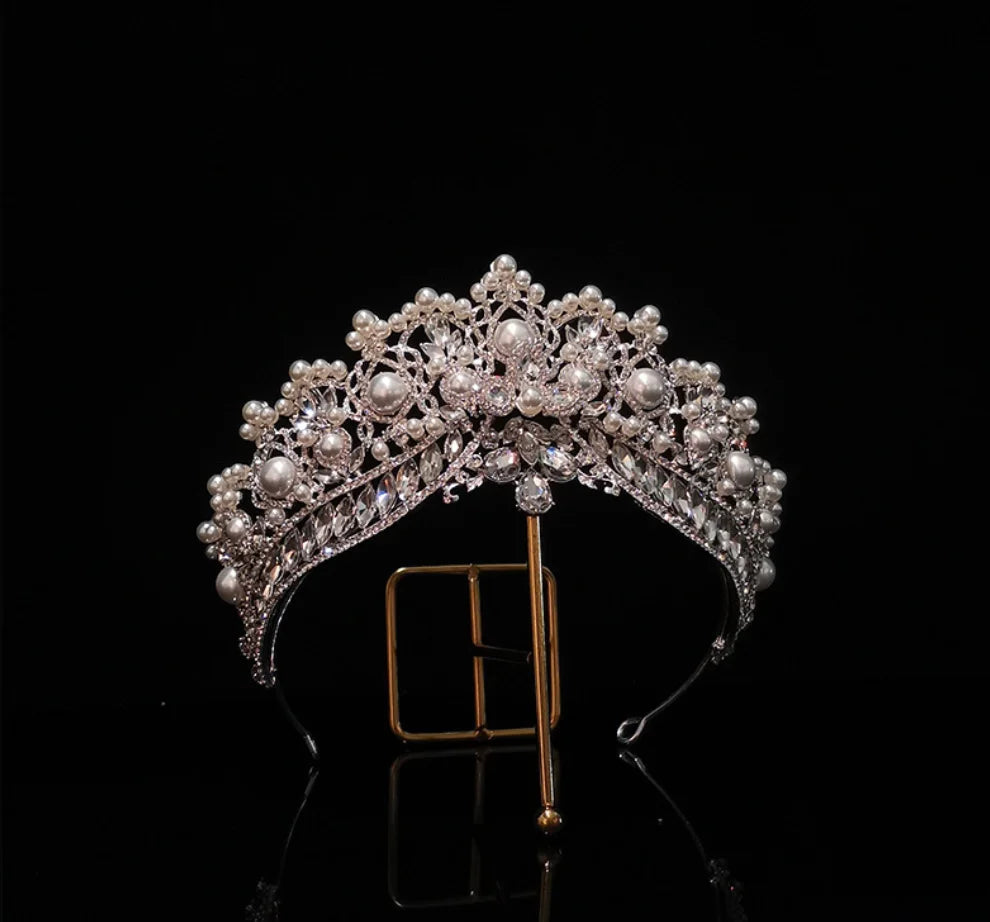 Luxury Bridal Wedding Crown and Tiara Set - Crystal Pearl Baroque Headdress