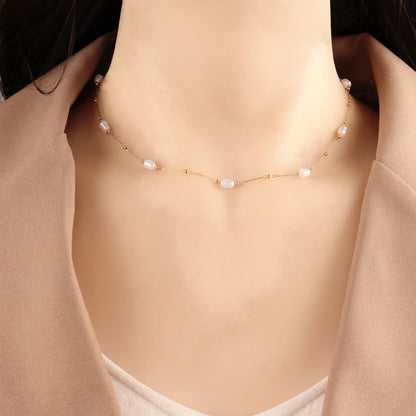 Stainless Steel Imitation Pearl Chain Necklace for Women - Fashion Gold Color Beads Jewelry